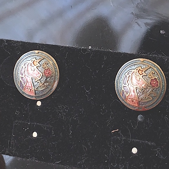 HP✨RARE Antique1970’s Cloisonné Jewelry Set, Mystical Unicorn Locket+Earring Set - Picture 10 of 17